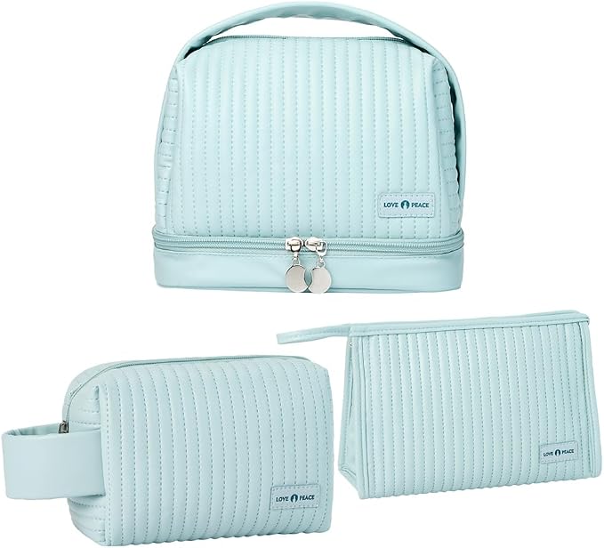 Women's Cute Cosmetic Bags Travel Toiletry Bag Waterproof Leather Cosmetic Bag Set with Handle Zipper Portable Makeup Bags Storage Bag On-the-Go Cosmetic Bag（Baby blue） by WANNES