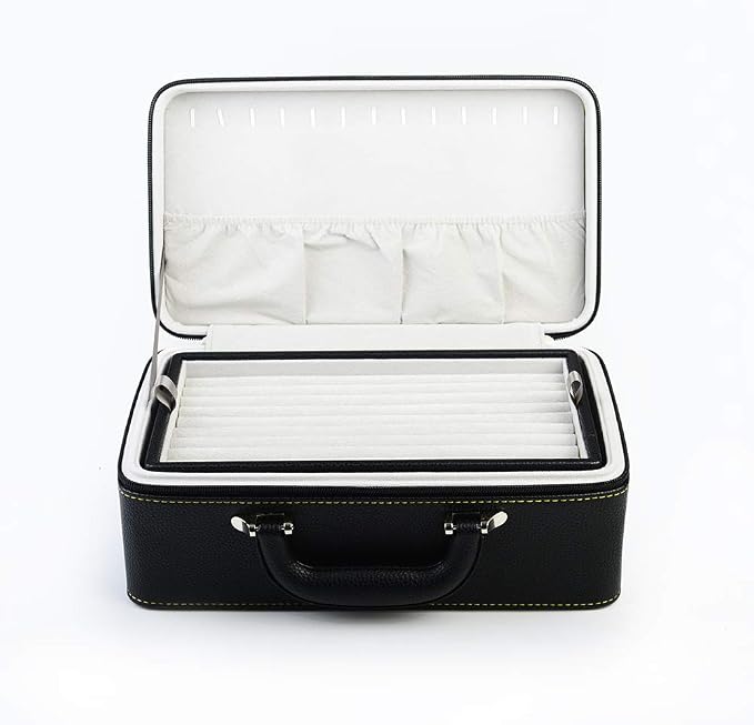 Oirlv Black Leather Jewelry Box Handmade Travel Jewelry Organizer Storage Case Holder For Girl Lady Earring,Ring,Necklace,Pendant,Watch,Bracelet.(3 layers) - Image 2