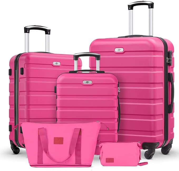 Suitour Luggage Sets 5 Piece, 20, 24, 28 inch Hardside Carry-on and Checked Suitcase Set with Expandable Travel Duffle Bag Sets（Rose Red） by Suitour