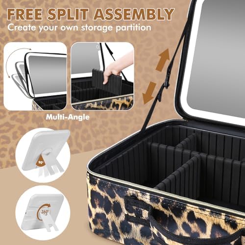 15''X11'' Makeup Bag with Removeable Lighted Mirror, Travel Makeup Case with 3 Color Lights Dimmable Brightness, Large Capacity Cosmetic Organizer Case with Detachable Dividers & Shoulder Strap - Image 5