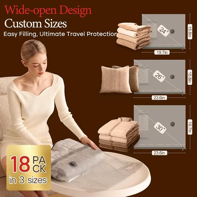 Vacbird Vacuum Bags for Travel with Rechargeable air Pump, Carry-on Size Compression Packing Bags for Luggage and Suitcase, Space Saver for Clothes and Clothing 18 Combo Travel Size - Image 3