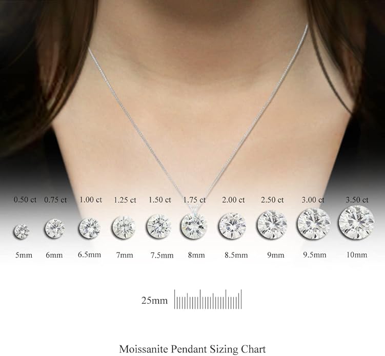 1/2 to 3 1/2 Carat Round Moissanite Solitaire Pendant Necklace in 14k Gold (H-I, cttw) 4-Prong 16 to 18 Inch Adjustable Chain Spring Ring by Diamond Wish