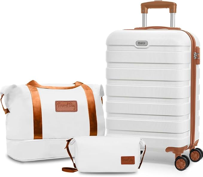 AnyZip Luggage Set 20 Inch Carry on Luggage PC ABS Hardshell Lightweight Suitcases for Travelling with 4 Universal Wheels TSA Lock White Brown by YourBestTravelChoice