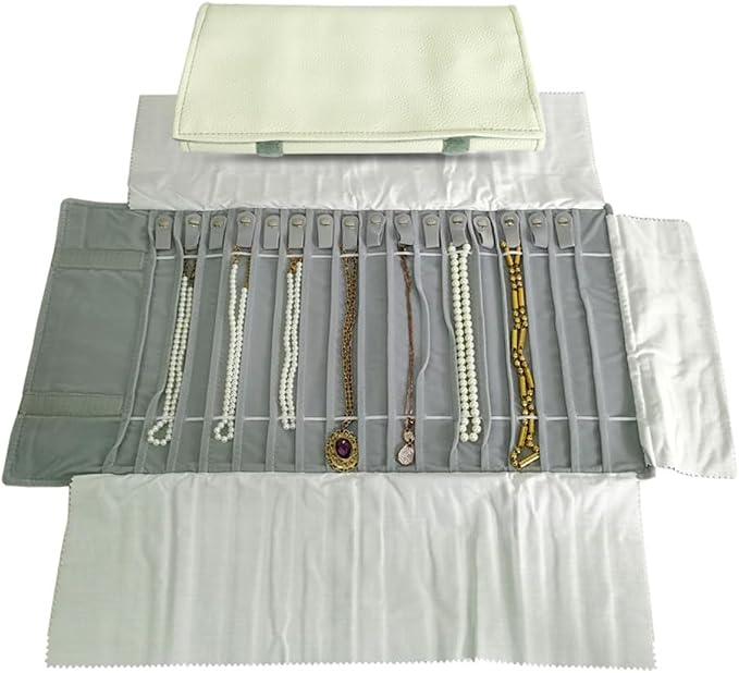 Travel Necklace Organizer, Tangle Free Jewelry Case, 16 Slots | Foldable,LightWeight Compact, Velvet Lining Jewelry Storage Bag for Chain Bracelet, Gift for Women Girls,Gray PU Gray Velvet - Image 2