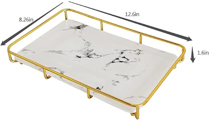Dobbyby Vanity Tray Makeup Organizer Cosmetics Storage Bathroom Skincare Organizer Countertop Display Rack in Dresser Stainless Steel Shelf Marble Print Ceramic Trays - Image 7