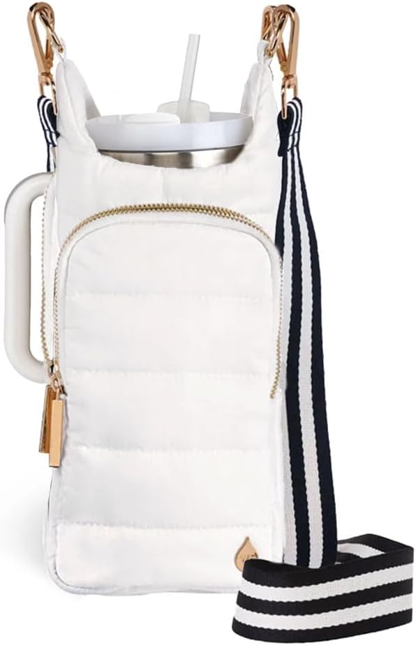 WanderFull Original HydroBag Handle®, Zipper for Handle, 40 oz Water Bottle Holder w/Strap, Crossbody Carrier Bag w/Phone Pocket - White Ripstop by WanderFull