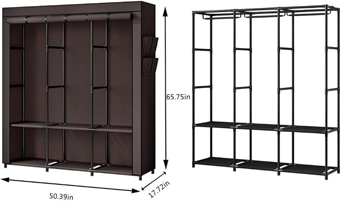 SORCEDAS Portable Closet Wardrobe Storage Organizer Metal Hanging Rack Non-Woven Fabric 50 Inch (Coffee) - Image 5