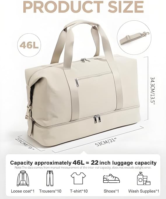 Oeihuivt Weekender Bags for Women - 21 Inch Large Travel Duffel Bag Set with Shoe Compartment, Heavy-Duty nylon Carry On Overnight Tote Beige - Image 2