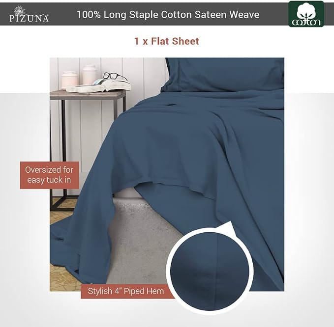 Pizuna Pure 100% Cotton Flat Sheets Only Full Dark Blue (1 PC), Luxurious 400 Thread Count Long Staple Cotton Sateen with 4" Hem (Combed Full Flat Sheet Only Cotton) - Image 3