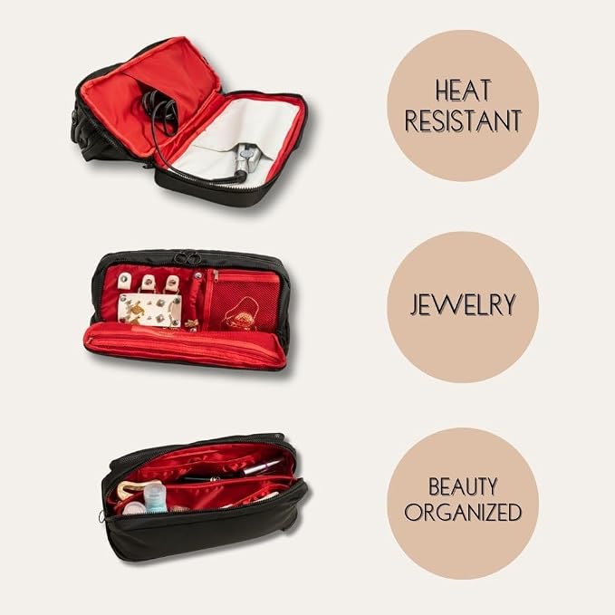 All in One Toiletry Bag for Women Makeup, Jewelry & Hair Tool Organizer with Heat-Resistant Pocket Travel Cosmetic Case with Red Lining - Image 2