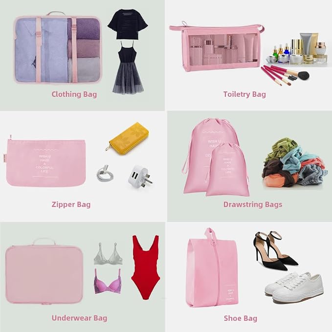 Packing Cubes for Suitcase,Lychico 9pcs Travel Luggage Packing Organizers Waterproof Travel Essentials Bag Clothes Shoes Storage Bags, Pink - Image 5