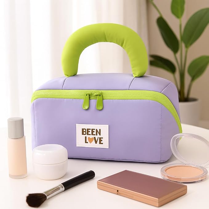 Travel Makeup Bag for Women | Portable Cosmetic Organizer with Handle & Zipper | Waterproof Toiletry Pouch for Makeup Brushes, Skincare & Accessories, Purple, Cross Open Bag - Image 2