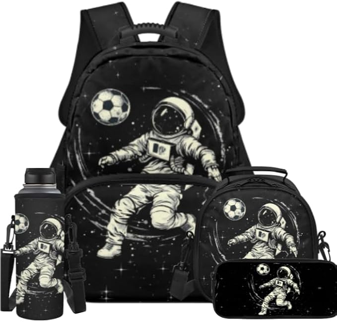 Soccer Astronaut Toddler Backpack and Lunch Box Set for Boys 6-11 Kids Preschool Elementary School 4pcs Cool Pencil Case Water Bottle Bag 17 inch Gifts Lightweight by Unknown