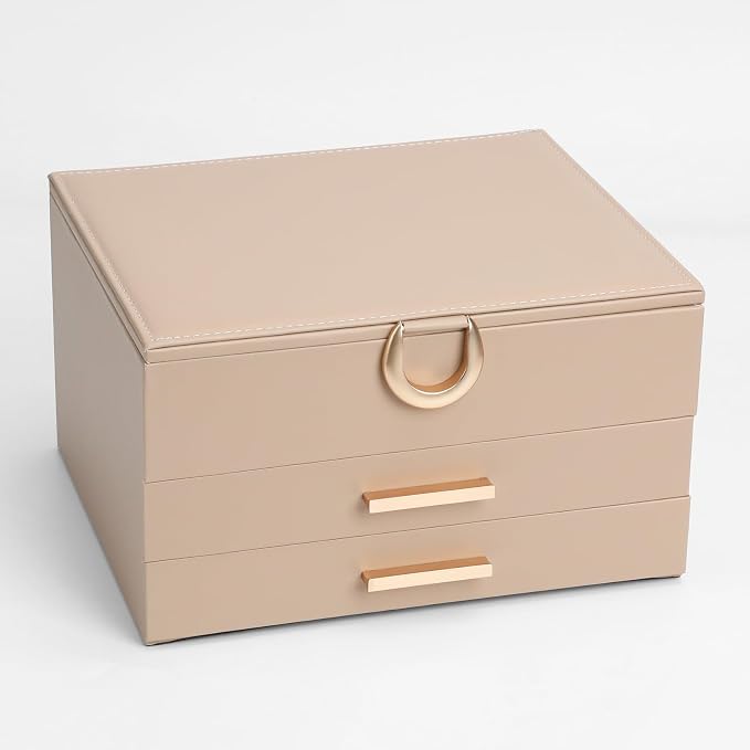 Leather Jewelry Box Premium 3-Layer Jewelry Case with Mirror - Scratch-Resistant Storage for Earrings, Rings, Necklaces, Ideal Gift for Women Apricot by V-LafuyJewelryBox