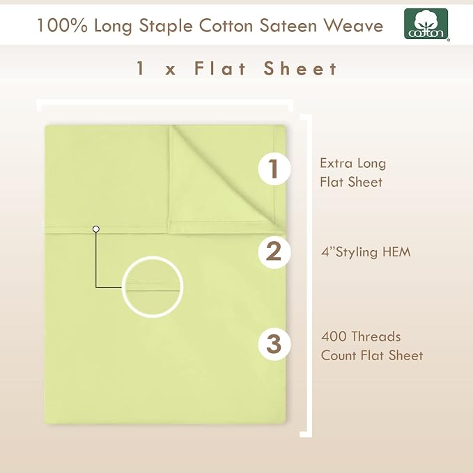 Pizuna Pure 100% Cotton Flat Sheets Only King Light Green (1 PC), Luxurious 400 Thread Count Long Staple Cotton Sateen with 4" Hem (Combed King Flat Sheet Only Cotton) - Image 3