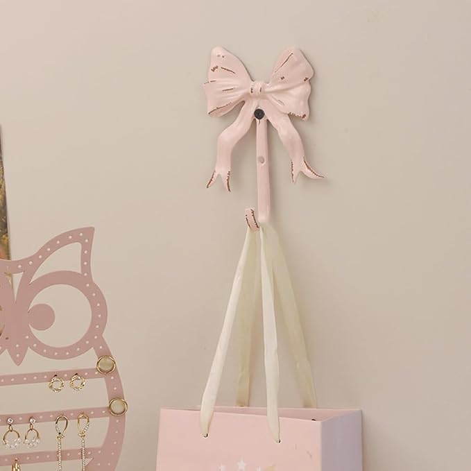 Pack of 2 Shabby Chic Large Decorative Wall Hooks 5.3" H,Iron Pink Bow Coat Hooks with Screws for Key, Towel, Bags, Cup, Hat and More - Image 3