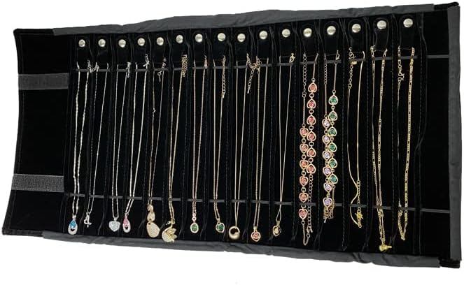 Travel Necklace Organizer, Tangle Free Jewelry Case, 16 Slots | Foldable,LightWeight Compact, Velvet Lining Jewelry Storage Bag for Chain Bracelet, Gift for Women Girls,Black PU and Velvet - Image 3