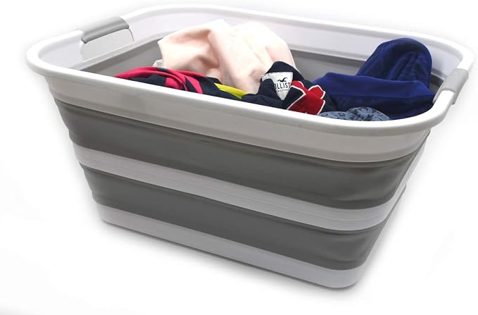 SAMMART 42L Set of 2 Collapsible Plastic Laundry Basket - Foldable Pop Up Storage Container/Organizer - Portable Washing Tub - Space Saving Hamper/Basket (Grey, 2) - Image 4