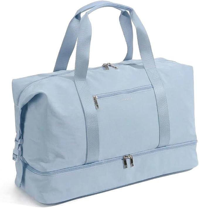 Oeihuivt Weekender Bags for Women - 21 Inch Large Travel Duffel Bag 2-Piece Set with Shoe Compartment, Heavy-Duty Canvas Leather Carry On Overnight Tote (JC -B-light blue) by Oeihuivtweekenderbag