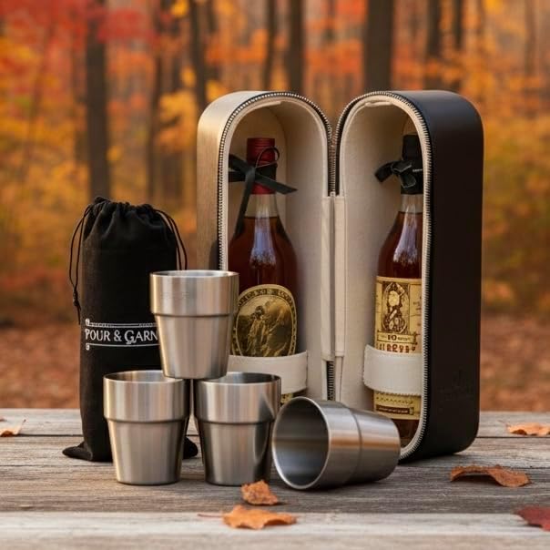 POUR & GARNISH Bourbon, Whiskey & Wine Double Bottle Travel Bag – Vegan Leather Spirits Carrier with 4 Stainless Steel Insulated Glasses & Gift Pouch – Luxury Barware Gift by Unknown