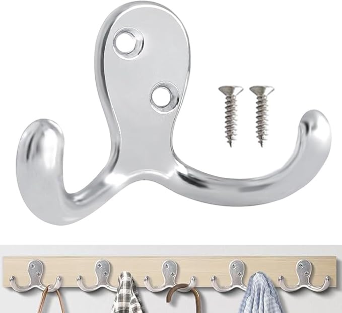 6 Pack Coat Hooks Wall Hooks for Hanging, Heavy Duty Double Prong Metal Hook Wall Mounted for Living Room, Bathroom, Kitchen, Bedroom for Coat, Bag, Scarf, Towel, Hat, Key, Cup (Silvery) by Unknown