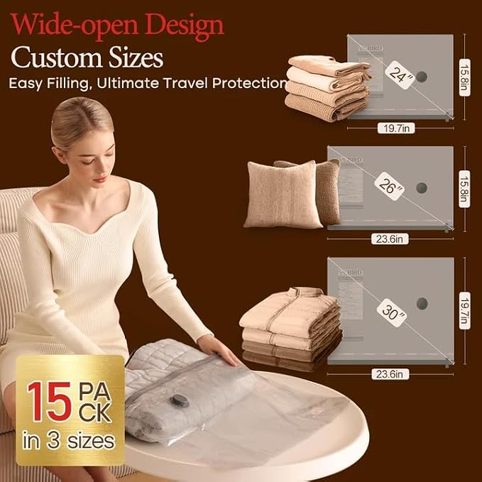 Vacbird 15 Pack Vacuum Bags for Travel with Rechargeable Cordless Electric Pump, Carry-on Packing Bags for Luggage and Suitcase, Space Saver for Clothes and Clothing - Image 3