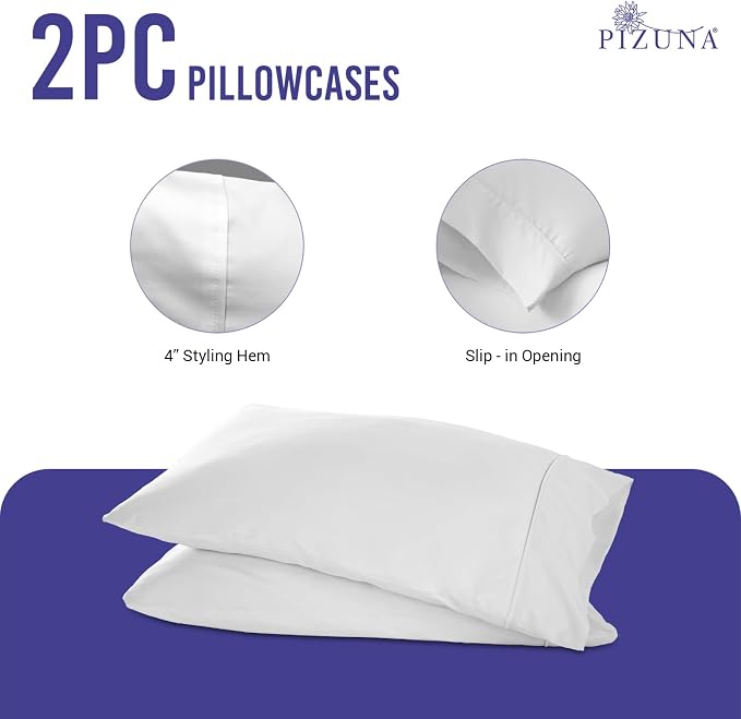 Pizuna Pure 100% Luxury Cotton King Size Pillow Case White, 1000 Thread Count 100% Long Staple Cotton Sateen Pillowcase, Pillow Covers with Stylish 4" Hem (Combed Cotton King Pillowcase) - Image 2