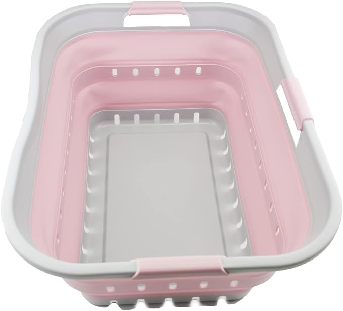 SAMMART 42L (11 gallon) Collapsible Plastic Laundry Basket - Foldable Pop Up Storage Container/Organizer - Portable Washing Tub - Space Saving Hamper/Basket (Grey/Pale Pink) by SAMMART