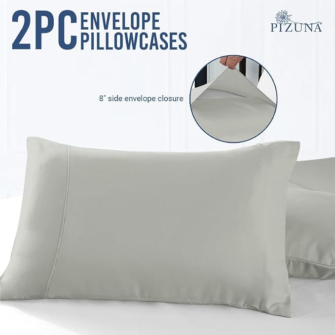 Pizuna 100% Cotton Pillow Cases King Size Set of 2 Luxury 1000 Thread Count Sateen Weave Long Staple Cotton Hotel Quality Envelope Closure Pillow Covers Fits King Pillows - Silver - Image 3