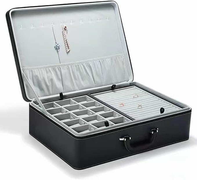 Jewelry Box Carriable Large Commercial Organizer with Handle Zipper Faux-Leather Accessory Case Storage with Trays Gift for Women Men Jeweler(XL6-BK) - Image 2