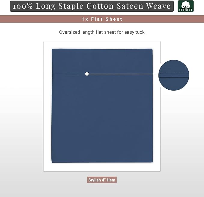 Pizuna Pure 100% Cotton Flat Sheets Only Twin XL Deep Blue (1 PC), Luxurious 400 Thread Count Long Staple Cotton Sateen with 4inch Hem (Combed Twin XL Flat Sheet Only Cotton) - Image 3