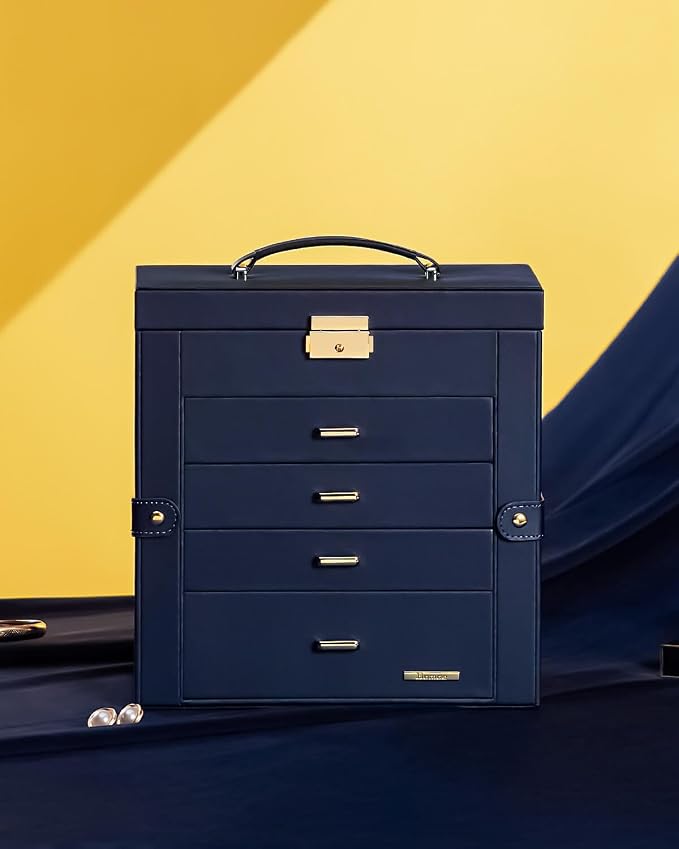 Homde Synthetic Leather Huge Jewelry Box Mirrored Watch Organizer Necklace Ring Earring Storage Lockable Gift Case (Dark Blue + Gold) - Image 9