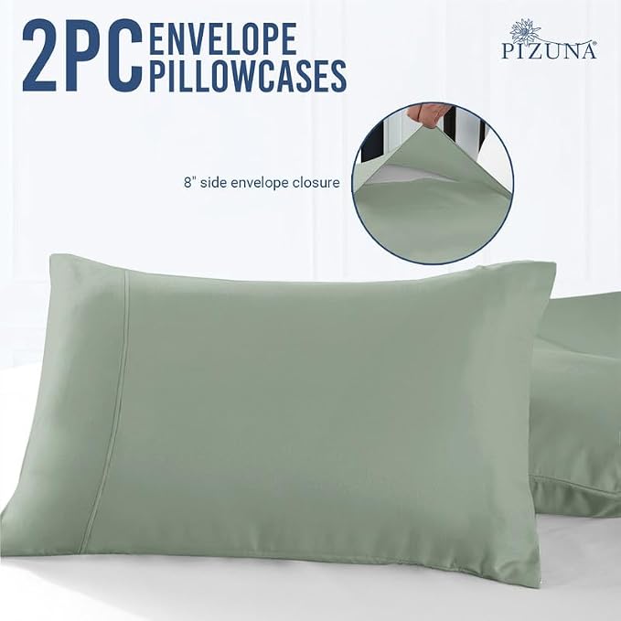 Pizuna 100% Cotton Pillow Cases Queen Size Set of 2 Luxury 1000 Thread Count Sateen Weave Long Staple Cotton Hotel Quality Envelope Closure Pillow Covers Fits Standard/Queen Pillows - Sea Foam - Image 3
