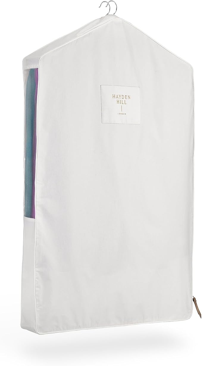 Hayden Hill Luxury Organic Cotton Garment Bag for Hanging Clothes Short 40" | Breathable Dress Bag, Moth Proof Hanging Storage Bag, For Closet, Coats, Suits, Zippered, Certified Carbon Neutral, White by HaydenHill