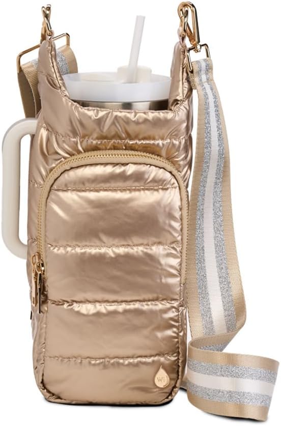 WanderFull Original HydroBag HANDLE®, Zipper for Handle, 40 oz Water Bottle Holder w/Strap, Crossbody Carrier Bag w/Phone Pocket, Tumbler Accessories - Gold Shiny w/Striped Strap by WanderFull