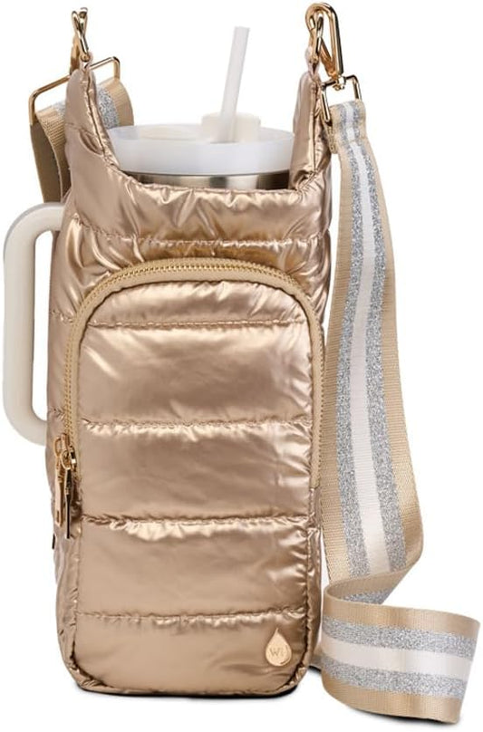 WanderFull Original HydroBag HANDLE®, Zipper for Handle, 40 oz Water Bottle Holder w/Strap, Crossbody Carrier Bag w/Phone Pocket, Tumbler Accessories - Gold Shiny w/Striped Strap by WanderFull