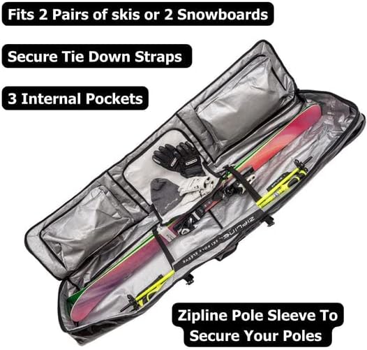 Zipline Ski Double Ski Bag with Wheels - Gear & Apparel Storage for Skiers - 180/200 cm Capacity - Durable & Waterproof - Proven Performance - 3 Yr Warranty - Ski & Snowboard Travel Bag - Image 4
