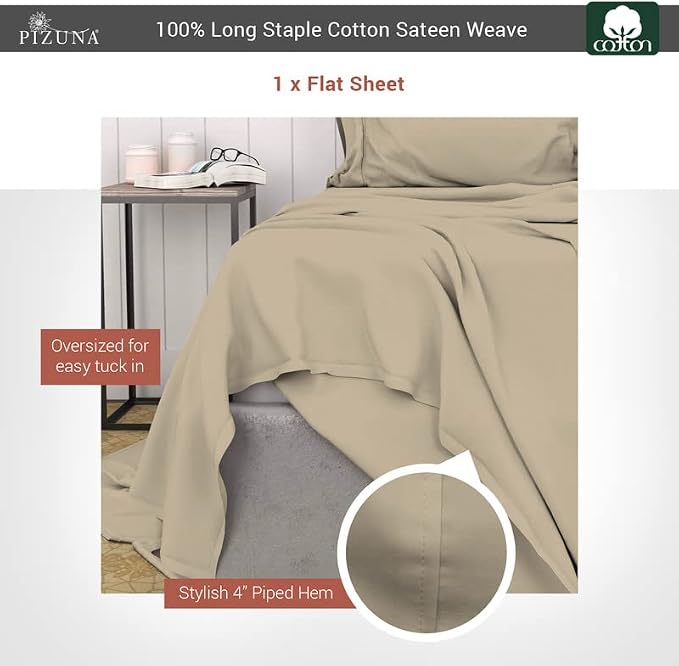 Pizuna Pure 100% Cotton Flat Sheets Only Full Simply Taupe (1 PC), Luxurious 400 Thread Count Long Staple Cotton Sateen with 4inch Hem (Combed Full Flat Sheet Only Cotton) - Image 3