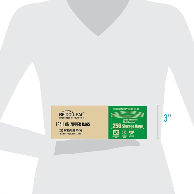 BEIDOU-PAC Gallon Food Storage Freezer Bags, 250 Count | Double Zipper | 10.5" * 10.7", Freshness Easy Open Reclosable Clear Plastic Bags - Image 6