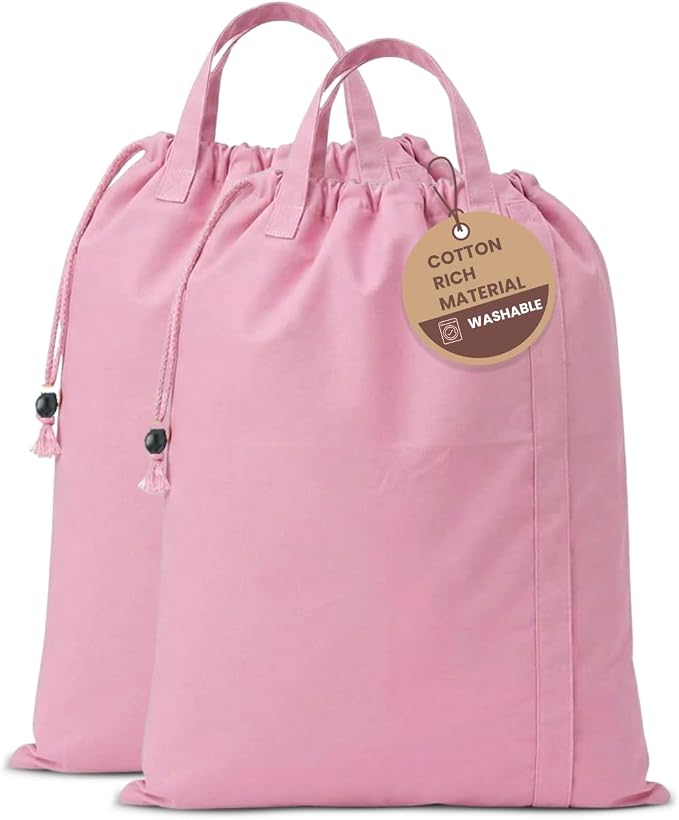 LFH Home Large Premium Cotton Rich Canvas Laundry Bag with Drawstring and Handles Heavy Duty, Multi-Use, Washable for Home, Travel, College or Storage 24x36 (Pack of 2)-Pink by LFHHomePrivateLimited