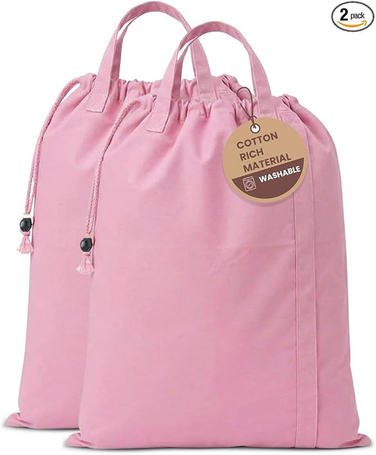 LFH Home Large Premium Cotton Rich Canvas Laundry Bag with Drawstring and Handles Heavy Duty, Multi-Use, Washable for Home, Travel, College or Storage 20x30 (Pack of 2)-Pink by LFHHomePrivateLimited