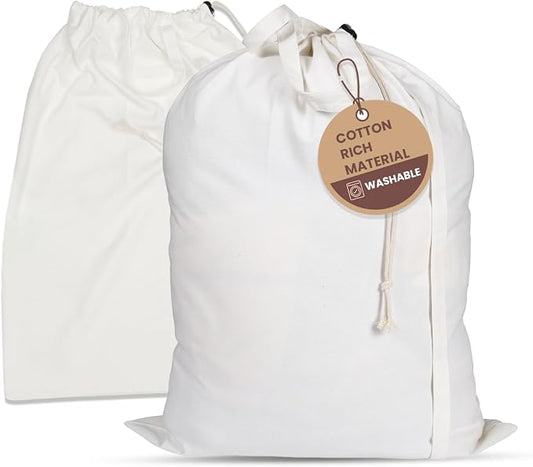 LFH Home Cotton Rich Canvas Extra Large Laundry Bag with Handle, Heavy Duty Drawstring Closure Washable Laundry Bags School Travel, Home, Hotel, College Dorm, Organizer Sack, Toys 28x36-White by LFHHomePrivateLimited