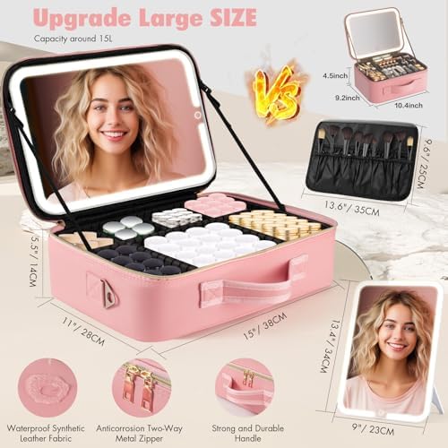 15''X11'' Makeup Bag with Removeable Lighted Mirror, Travel Makeup Case with 3 Color Lights Dimmable Brightness, Large Capacity Cosmetic Organizer Case with Detachable Dividers & Shoulder Strap - Image 6