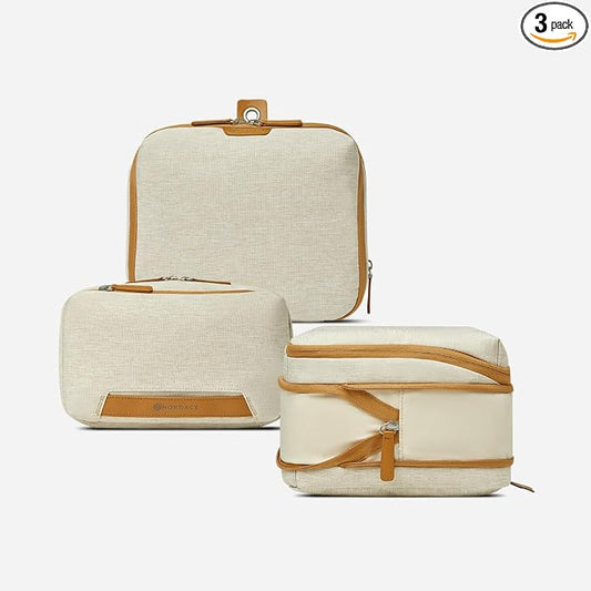 Nordace Travel Packing Organizers Set for Men and Women - 2x Packing Cubes & 1x Wash Pouch - Durable & Water Resistant (Beige-Brown) by NORDACE