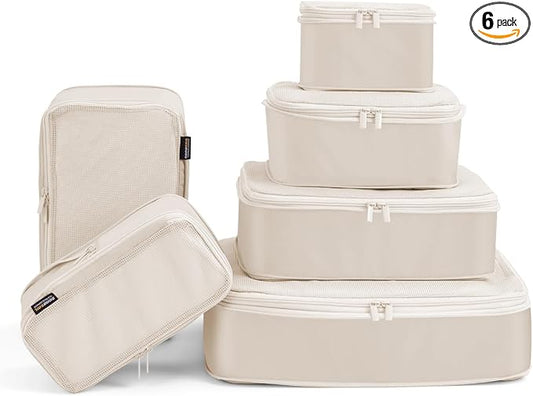 Compression Packing Cubes for Travel, 6-Piece Set (Large/Medium/Small), Double-Zip Luggage Organizers for Suitcase & Carry-On, Clothes Storage Bags (Cream White, 6 Pack) by SOARSAIL