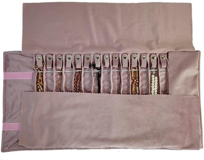 Travel Necklace Organizer, Tangle Free Jewelry Case, 16 Slots | Foldable, LightWeight Compact, Velvet Lining Jewelry Storage Bag for Chain Bracelet, Gift for Women Girls,Embroidery Pink - Image 6