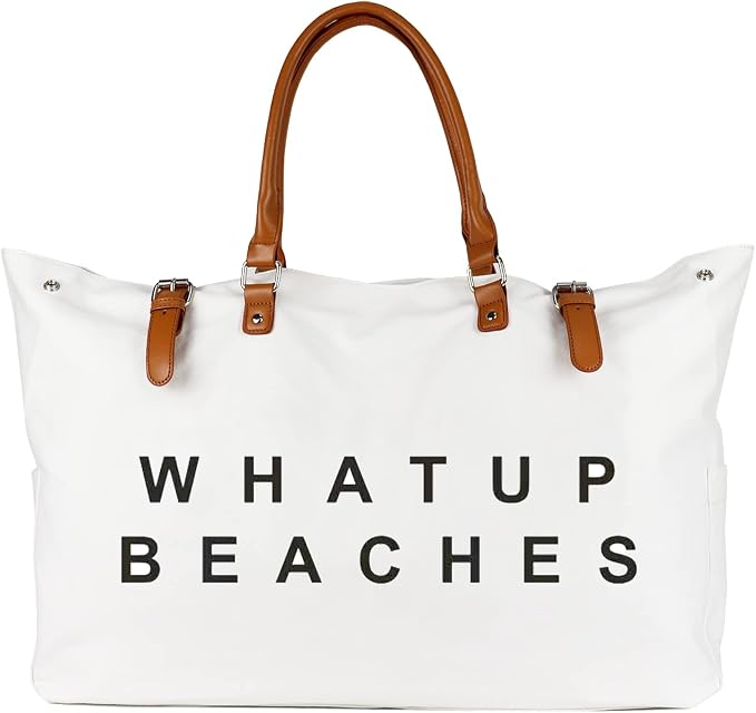 Lamyba Beach Bag with Vegan Leather Handle, Extra Large Beach Bag for Women Waterproof Sandproof, White | with Vegan Leather Handle by Lamyba