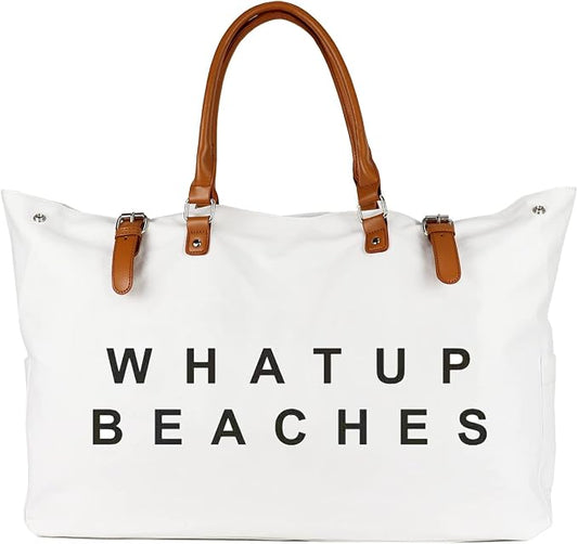 Lamyba Beach Bag with Vegan Leather Handle, Extra Large Beach Bag for Women Waterproof Sandproof, White | with Vegan Leather Handle by Lamyba