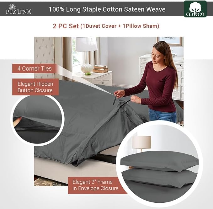 Pizuna Pure 100% Cotton Twin Duvet Cover Set, Luxurious 400 Thread Count Long Staple Cotton Sateen Weave with Button Closure (Combed Dark Grey Cotton Duvet Cover Twin) - Image 3