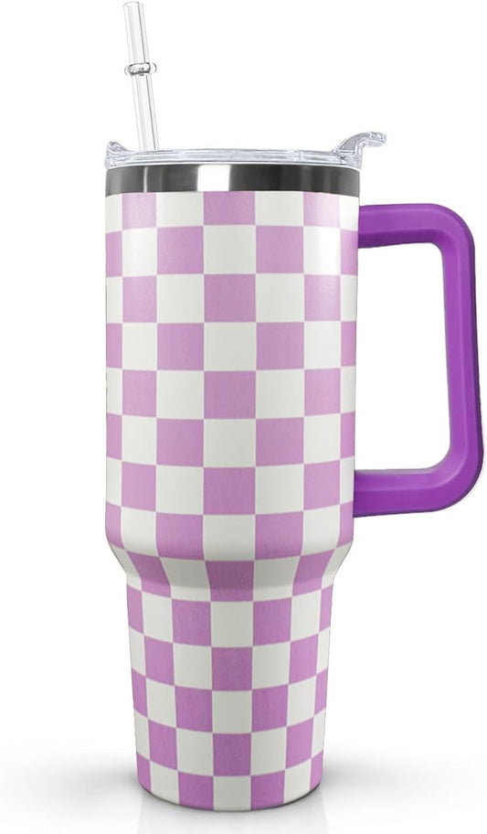 30 Oz Purple Checkered Tumbler with Handle Lid and Straw, Checkered Tumbler Water Bottle Travel Coffee Cup Mug,Checkered Gifts for Women Men